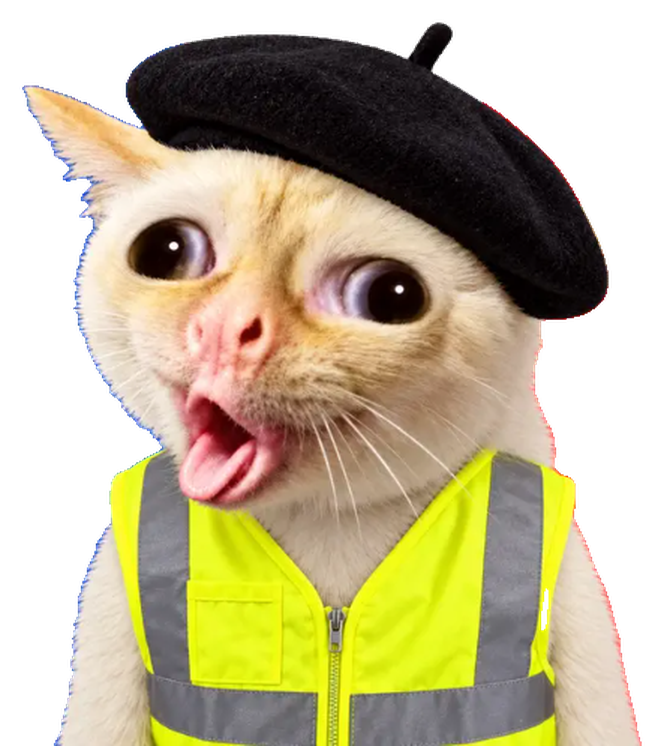 A wide-eyed cream cat in a black beret and a yellow hi-vis vest, mouth open mid-shout